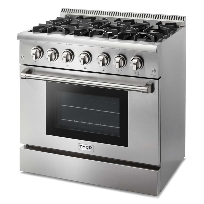 Thor Kitchen 2-Piece Pro Appliance Package - 36-Inch Dual Fuel Range & Premium Wall Mount Hood in Stainless Steel