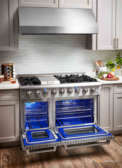 Thor Kitchen 2-Piece Pro Appliance Package - 48-Inch Gas Range & Pro Under Cabinet 18-Inch Tall Hood in Stainless Steel
