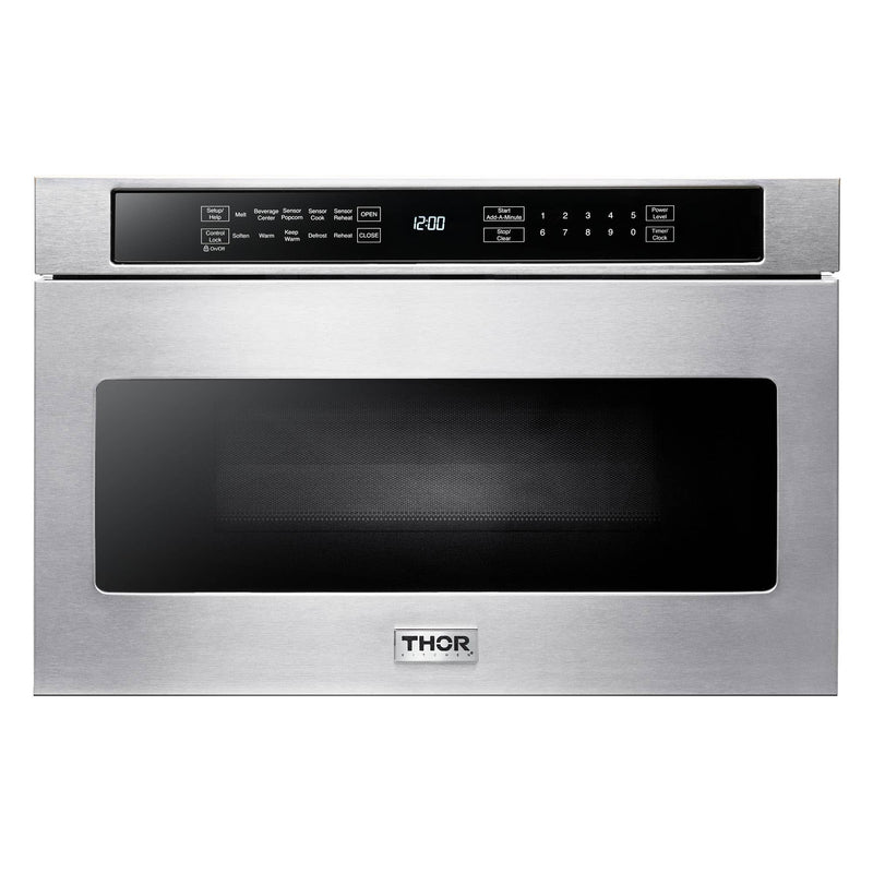 Thor Kitchen 5-Piece Appliance Package - 30-Inch Gas Range, Wall Mount Range Hood, Refrigerator with Water Dispenser, Dishwasher, and Microwave in Stainless Steel