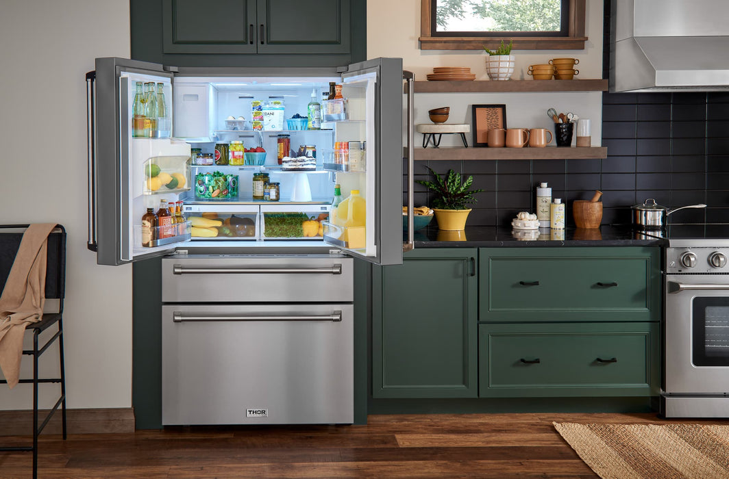 Thor Kitchen 4-Piece Appliance Package - 36-Inch Electric Range, Pro-Style Wall Mount Range Hood, Refrigerator with Water Dispenser, and Dishwasher in Stainless Steel