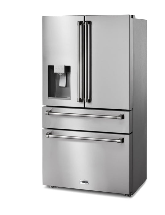 Thor Kitchen 4-Piece Appliance Package - 36-Inch Electric Range, Wall Mount Range Hood, Refrigerator with Water Dispenser, and Dishwasher in Stainless Steel