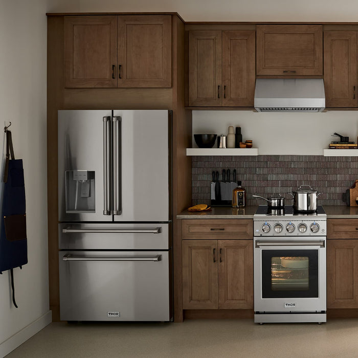 Thor Kitchen 4-Piece Appliance Package - 36-Inch Electric Range, Wall Mount Range Hood, Refrigerator with Water Dispenser, and Dishwasher in Stainless Steel