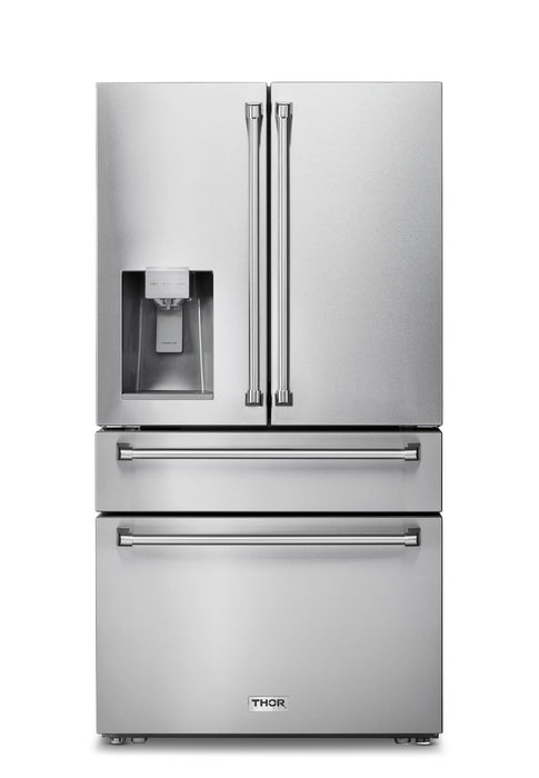 Thor Kitchen 4-Piece Appliance Package - 36-Inch Electric Range, Wall Mount Range Hood, Refrigerator with Water Dispenser, and Dishwasher in Stainless Steel