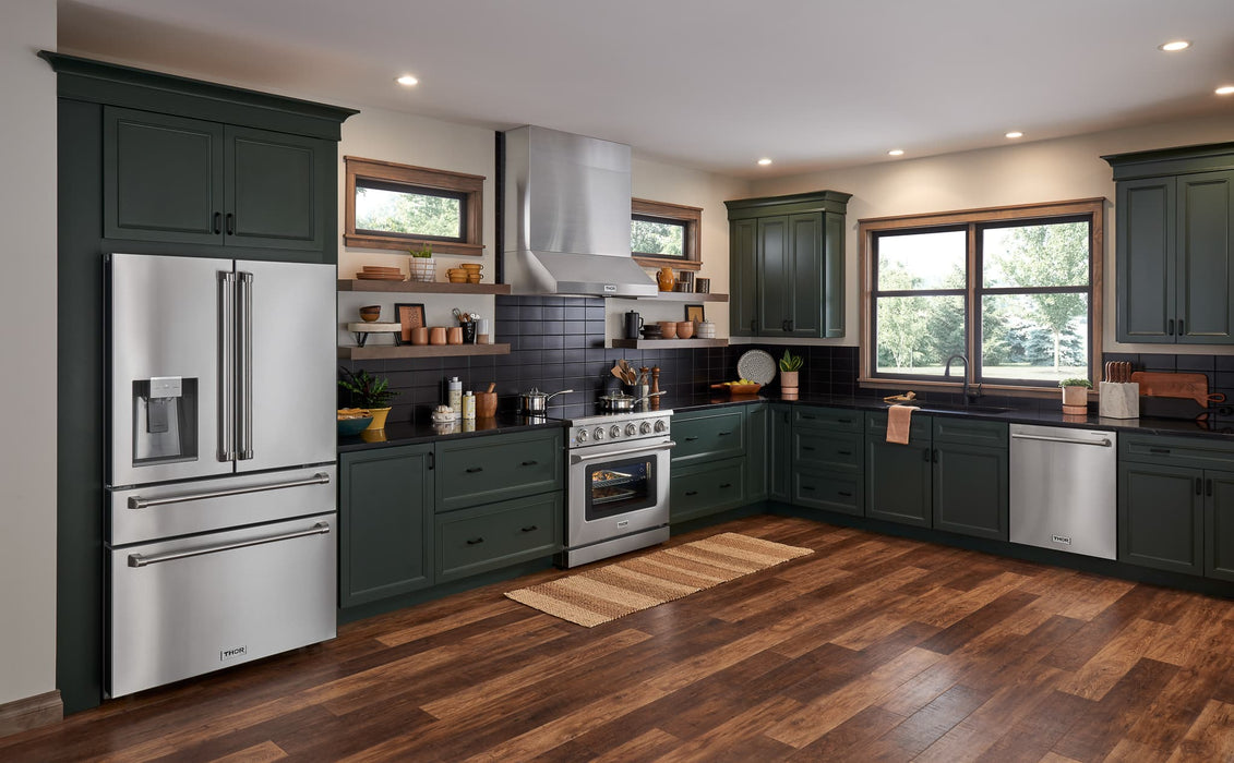 Thor Kitchen 4-Piece Appliance Package - 30-Inch Electric Range, Refrigerator with Water Dispenser, Dishwasher, and Microwave in Stainless Steel