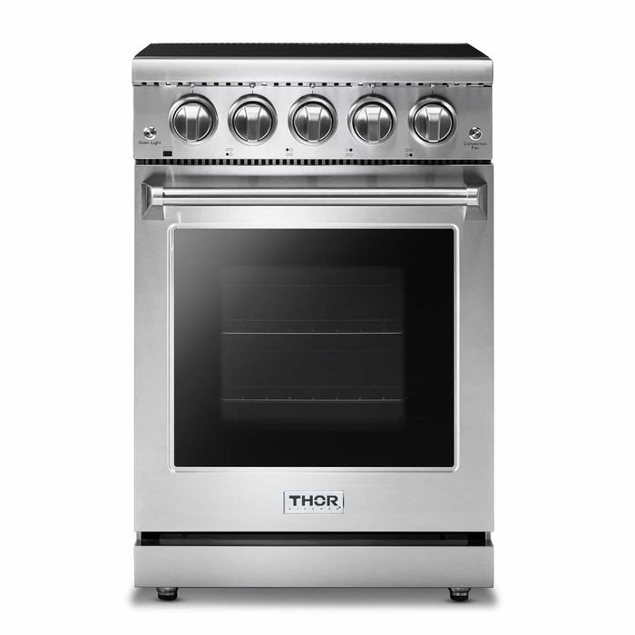 Thor Kitchen 4-Piece Appliance Package - 24-Inch Electric Range, Refrigerator with Water Dispenser, Dishwasher, & Microwave Drawer in Stainless Steel