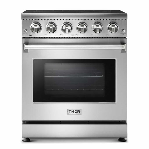 Thor Kitchen 4-Piece Appliance Package - 30-Inch Electric Range, French Door Refrigerator, Wall Mount Hood, and Dishwasher in Stainless Steel