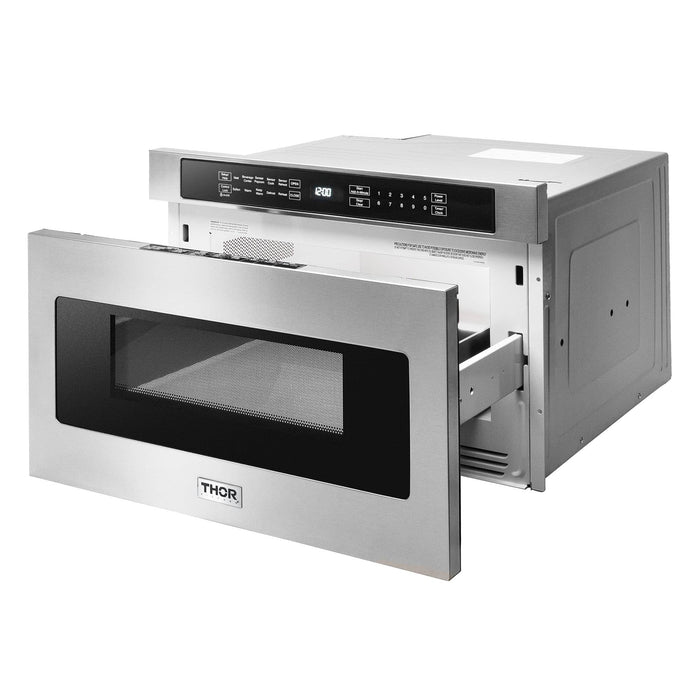 Thor Kitchen 4-Piece Appliance Package - 30-Inch Electric Range with Tilt Panel, French Door Refrigerator, Wall Mount Hood, and Dishwasher in Stainless Steel