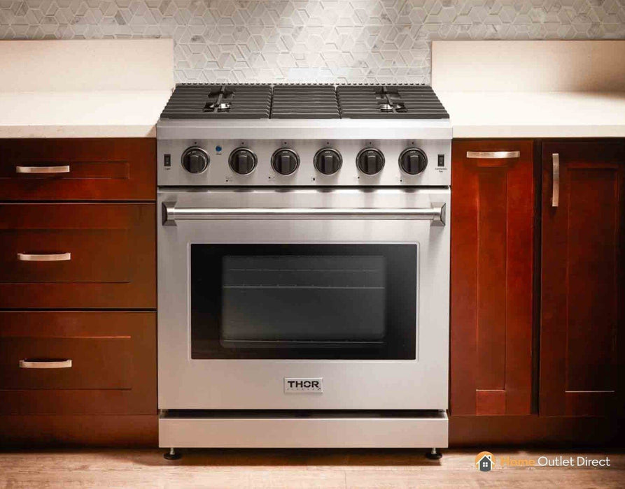 Thor Kitchen 4-Piece Appliance Package - 30-Inch Gas Range, French Door Refrigerator, Dishwasher, and Microwave Drawer in Stainless Steel