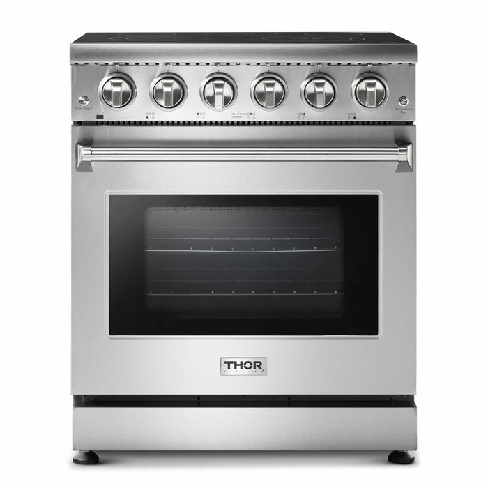 Thor Kitchen 4-Piece Appliance Package - 30-Inch Electric Range, Refrigerator with Water Dispenser, Dishwasher, & Microwave Drawer in Stainless Steel