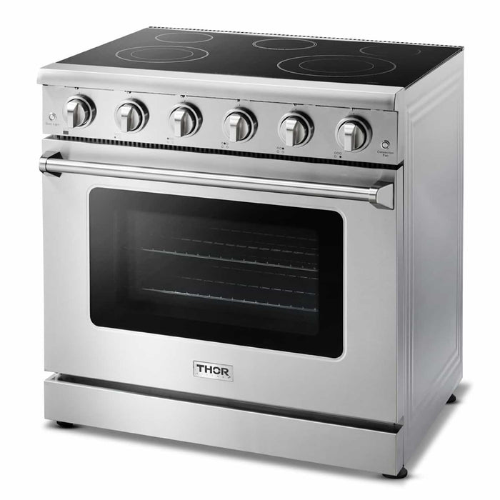 Thor Kitchen 4-Piece Appliance Package - 36-Inch Electric Range, French Door Refrigerator, Pro-Style Wall Mount Hood, and Dishwasher in Stainless Steel