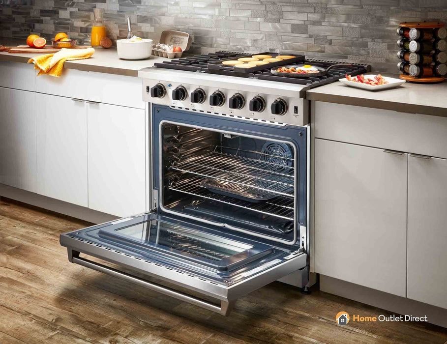 Thor Kitchen 4-Piece Appliance Package - 36-Inch Gas Range, French Door Refrigerator, Dishwasher, and Microwave Drawer in Stainless Steel