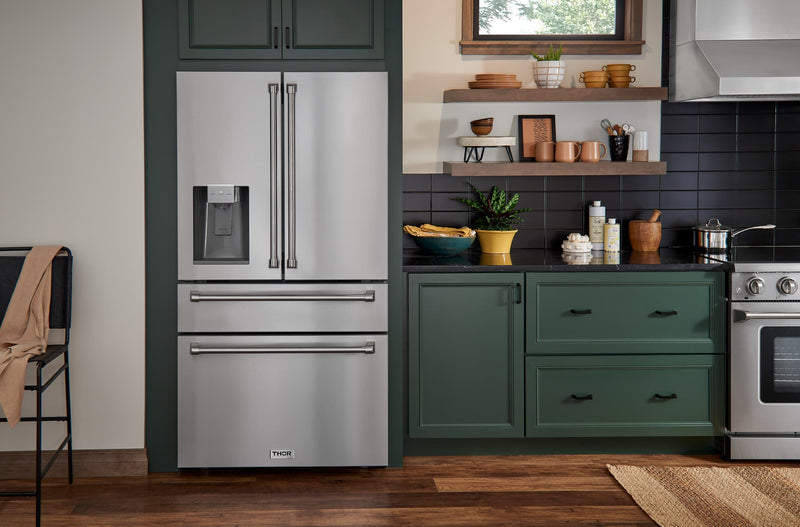 Thor Kitchen 4-Piece Appliance Package - 36-Inch Gas Range, Refrigerator with Water Dispenser, Under Cabinet Hood & Dishwasher in Stainless Steel