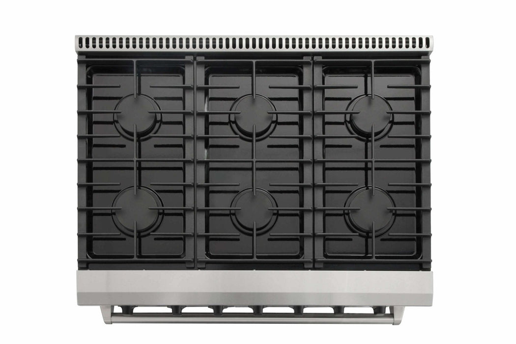 Thor Kitchen 4-Piece Appliance Package - 36-Inch Gas Range, Refrigerator with Water Dispenser, Pro-Style Wall Mount Hood, & Dishwasher in Stainless Steel