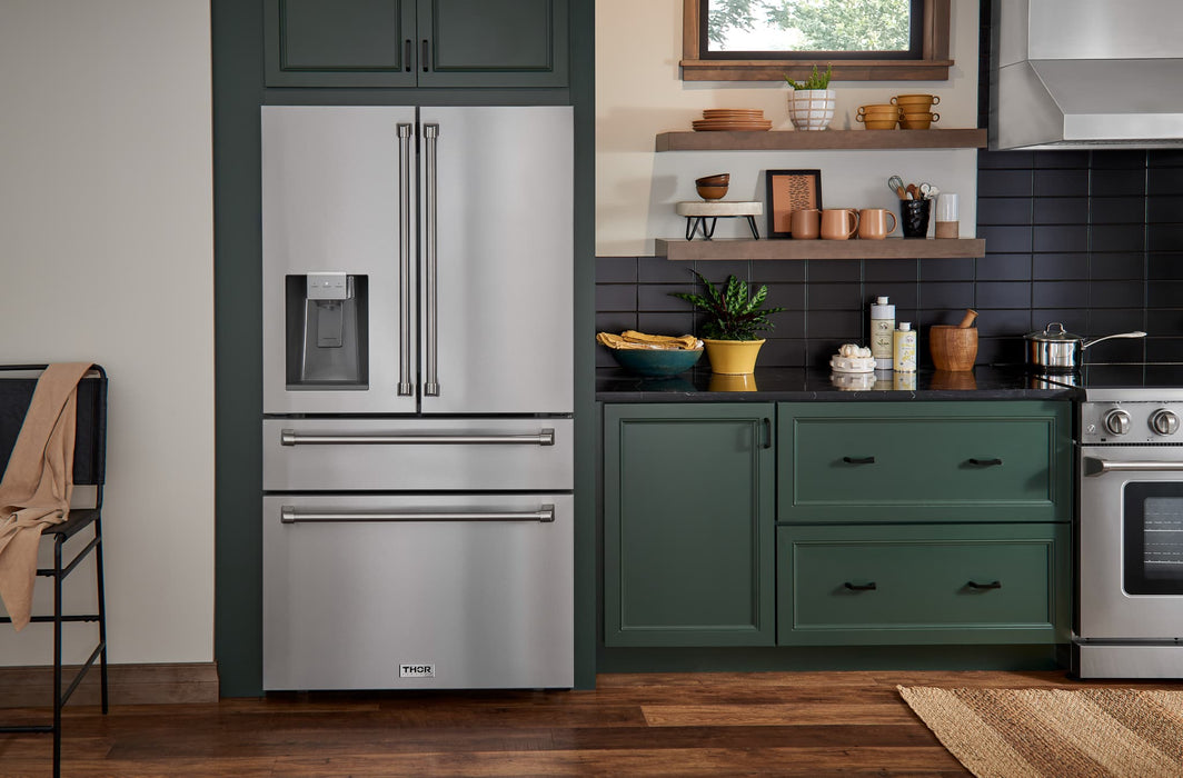 Thor Kitchen 4-Piece Appliance Package - 36-Inch Gas Range, Refrigerator with Water Dispenser, Pro-Style Wall Mount Hood, & Dishwasher in Stainless Steel