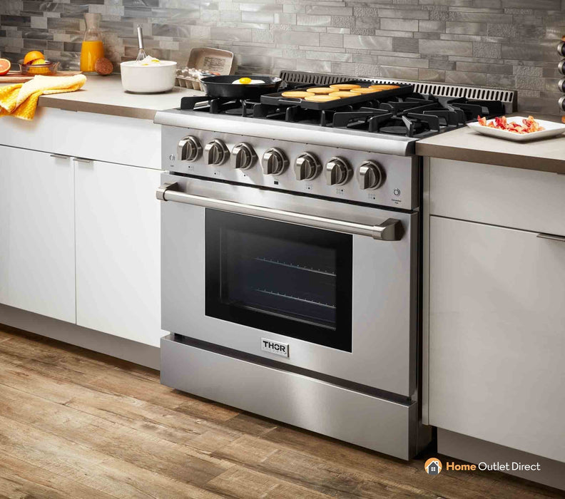 Thor Kitchen 4-Piece Pro Appliance Package - 36-Inch Dual Fuel Range, French Door Refrigerator, Dishwasher, and Microwave Drawer in Stainless Steel