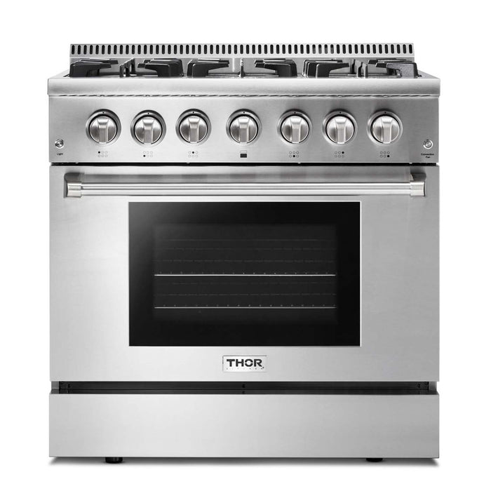Thor Kitchen 4-Piece Pro Appliance Package - 36-Inch Dual Fuel Range, French Door Refrigerator, Pro-Style Wall Mount Hood and Dishwasher in Stainless Steel