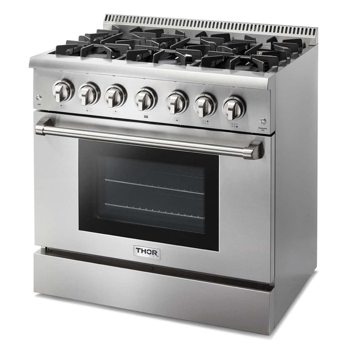 Thor Kitchen 4-Piece Pro Appliance Package - 36-Inch Dual Fuel Range, French Door Refrigerator, Pro-Style Wall Mount Hood and Dishwasher in Stainless Steel