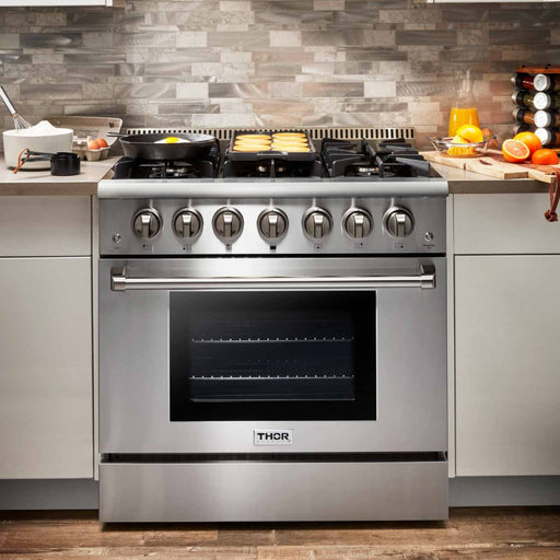 Thor Kitchen 4-Piece Pro Appliance Package - 36-Inch Gas Range, French Door Refrigerator, Dishwasher, and Microwave Drawer in Stainless Steel