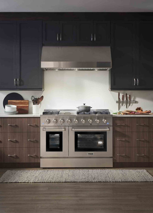 Thor Kitchen 4-Piece Pro Appliance Package - 48-Inch Dual Fuel Range, French Door Refrigerator, Dishwasher & Pro Under Cabinet 18-Inch Tall Hood in Stainless Steel