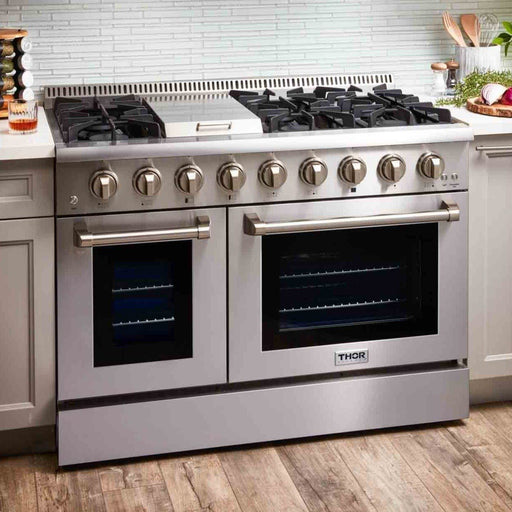 Thor Kitchen 4-Piece Pro Appliance Package - 48-Inch Gas Range, Pro Wall Mount Hood, French Door Refrigerator, and Dishwasher in Stainless Steel