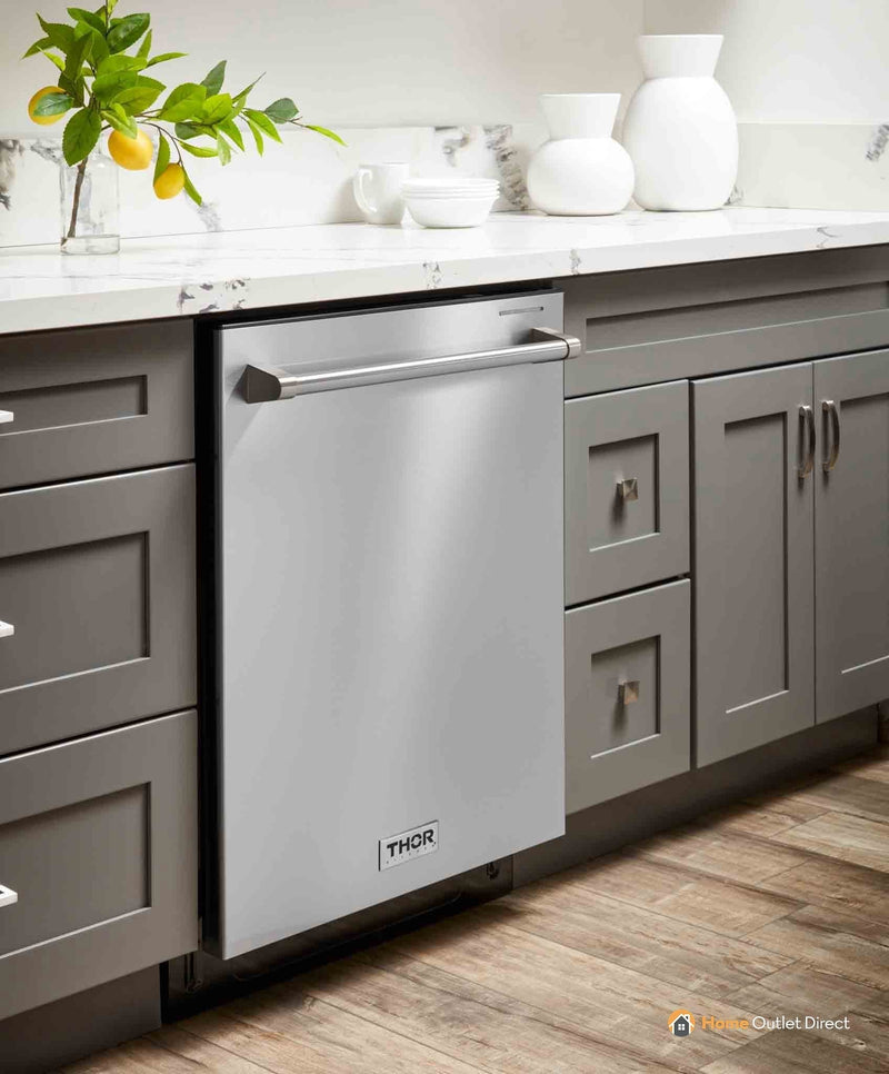 Thor Kitchen 5-Piece Appliance Package - 30-Inch Electric Range, French Door Refrigerator, Under Cabinet Hood, Dishwasher, & Wine Cooler in Stainless Steel