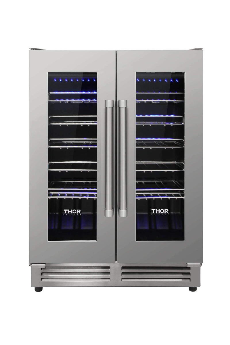 Thor Kitchen 5-Piece Appliance Package - 30-Inch Electric Range, French Door Refrigerator, Pro-Style Wall Mount Hood, Dishwasher, & Wine Cooler in Stainless Steel