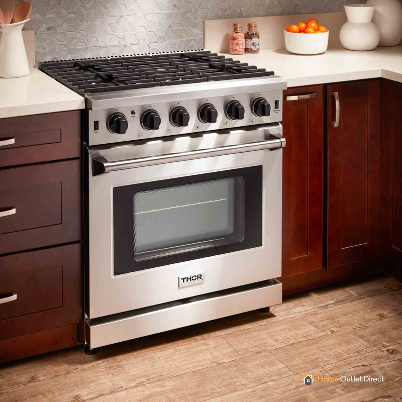 Thor Kitchen 5-Piece Appliance Package - 30-Inch Gas Range, Refrigerator, Under Cabinet Hood, Dishwasher, and Wine Cooler in Stainless Steel