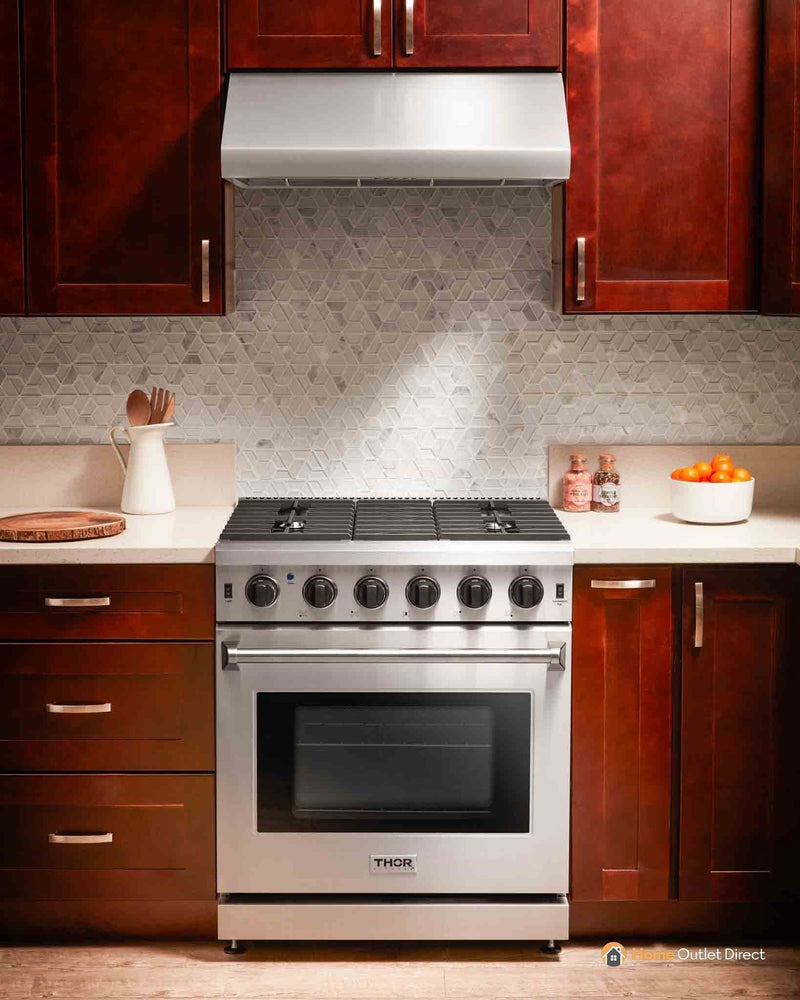 Thor Kitchen 5-Piece Appliance Package - 30-Inch Gas Range, Refrigerator with Water Dispenser, Under Cabinet Hood, Dishwasher, & Wine Cooler in Stainless Steel