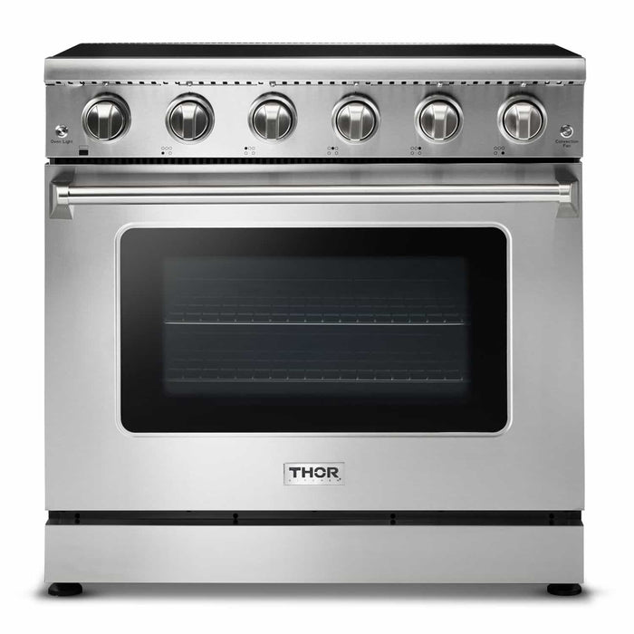 Thor Kitchen 5-Piece Appliance Package - 36-Inch Electric Range, French Door Refrigerator, Pro-Style Wall Mount Hood, Dishwasher, and Microwave Drawer in Stainless Steel