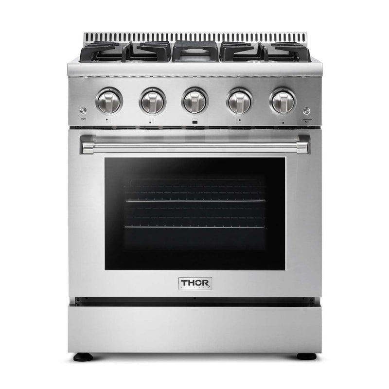 Thor Kitchen 5-Piece Pro Appliance Package - 30-Inch Gas Range, Refrigerator, Pro-Style Wall Mount Hood, Dishwasher, and Wine Cooler in Stainless Steel