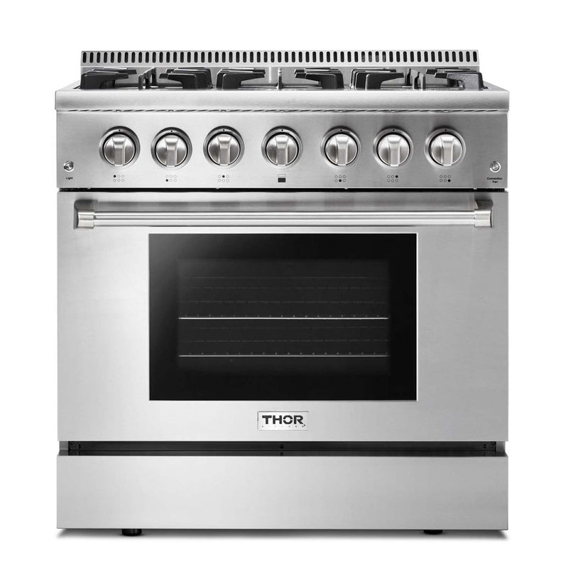 Thor Kitchen 5-Piece Pro Appliance Package - 36-Inch Dual Fuel Range, Refrigerator, Under Cabinet Hood, Dishwasher, and Microwave Drawer in Stainless Steel