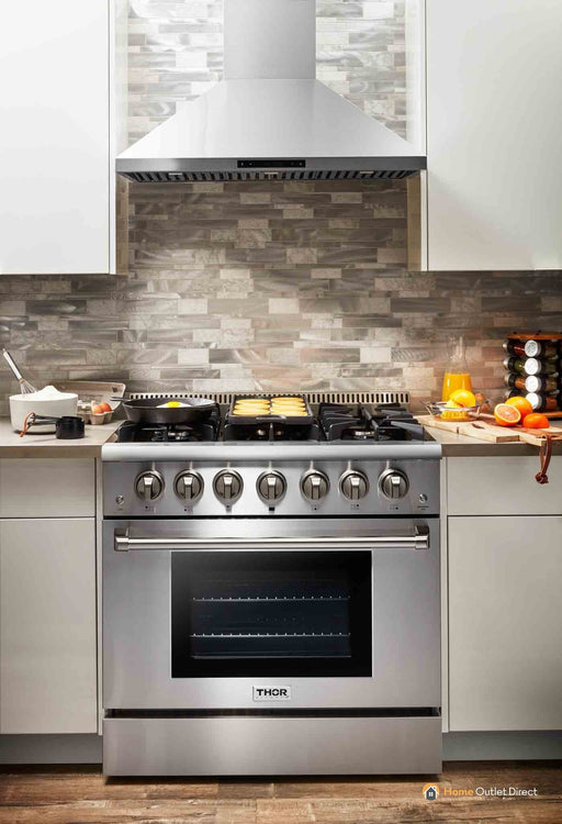 Thor Kitchen 5-Piece Pro Appliance Package - 36-Inch Dual Fuel Range, French Door Refrigerator, Wall Mount Hood, Dishwasher, and Wine Cooler in Stainless Steel