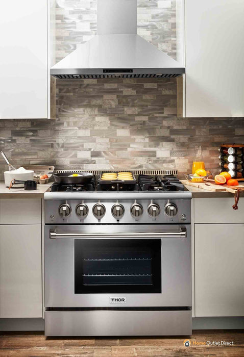 Thor Kitchen 5-Piece Pro Appliance Package - 36-Inch Gas Range, French Door Refrigerator, Wall Mount Hood, Dishwasher, and Microwave Drawer in Stainless Steel