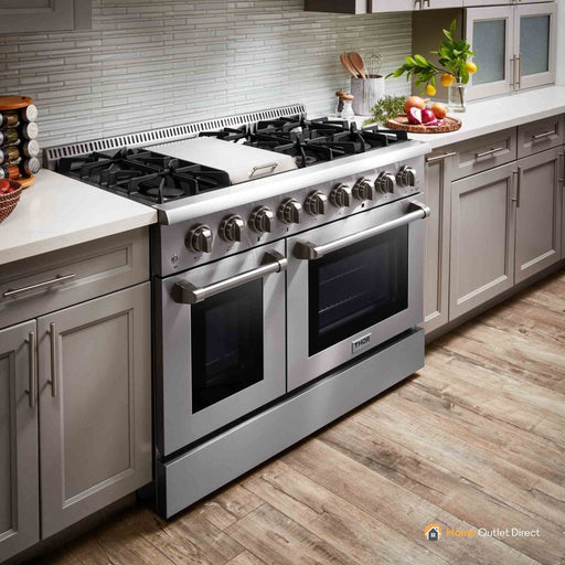 Thor Kitchen 5-Piece Pro Appliance Package - 48-Inch Dual Fuel Range, Pro Under Cabinet 18-Inch Tall Hood, French Door Refrigerator, Dishwasher, and Wine Cooler in Stainless Steel