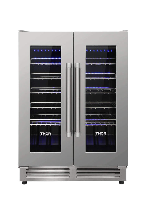 Thor Kitchen 6-Piece Appliance Package - 36-Inch Electric Range with Tilt Panel, French Door Refrigerator, Wall Mount Hood, Dishwasher, Microwave Drawer, & Wine Cooler in Stainless Steel