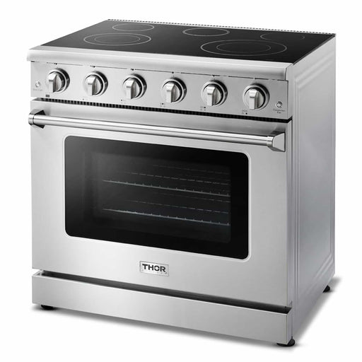 Thor Kitchen 6-Piece Appliance Package - 36-Inch Electric Range, French Door Refrigerator, Wall Mount Hood, Dishwasher, Microwave Drawer, & Wine Cooler in Stainless Steel