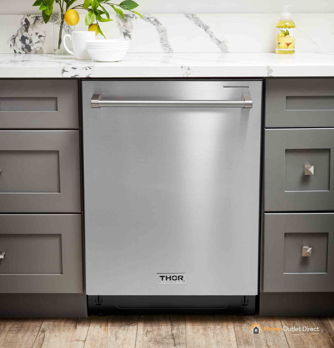 Thor Kitchen 6-Piece Appliance Package - 36-Inch Electric Range with Tilt Panel, French Door Refrigerator, Wall Mount Hood, Dishwasher, Microwave Drawer, & Wine Cooler in Stainless Steel