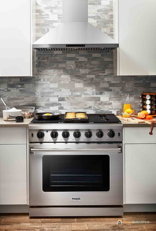 Thor Kitchen 6-Piece Appliance Package - 36-Inch Gas Range, Refrigerator with Water Dispenser, Wall Mount Hood, Dishwasher, Microwave Drawer, & Wine Cooler in Stainless Steel
