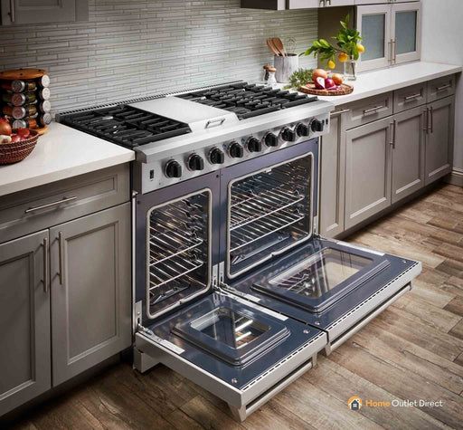 Thor Kitchen 6-Piece Appliance Package - 48-Inch Gas Range, Refrigerator with Water Dispenser, Pro Under Cabinet 18-Inch Tall Hood, Dishwasher, Microwave Drawer, & Wine Cooler in Stainless Steel
