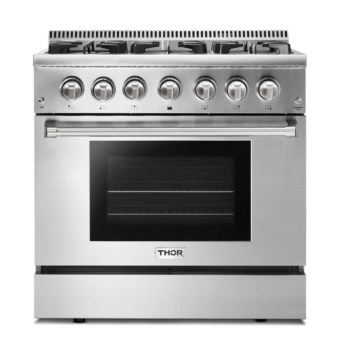 Thor Kitchen 6-Piece Pro Appliance Package - 36-Inch Dual Fuel Range, Refrigerator with Water Dispenser, Under Cabinet Hood, Dishwasher, Microwave Drawer, & Wine Cooler in Stainless Steel