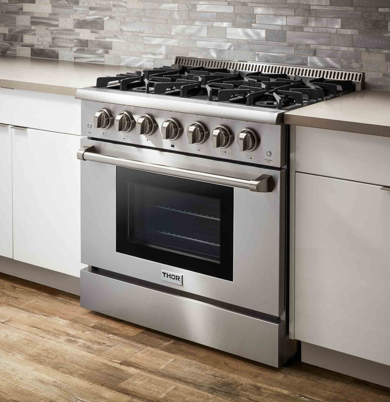 Thor Kitchen 6-Piece Pro Appliance Package - 36-Inch Gas Range, Refrigerator with Water Dispenser, Under Cabinet Hood, Dishwasher, Microwave Drawer, & Wine Cooler in Stainless Steel