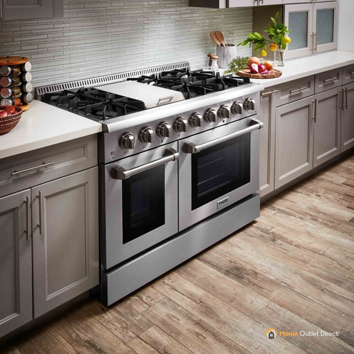 Thor Kitchen 6-Piece Pro Appliance Package - 48-Inch Gas Range, French Door Refrigerator, Dishwasher, Pro Wall Mount Hood, Microwave Drawer, & Wine Cooler in Stainless Steel