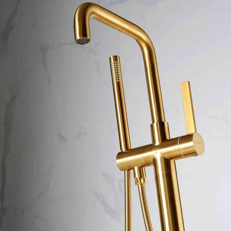 Vinnova Delara Freestanding Chrome Tub Faucet with Hand Shower Brushed Gold Finish