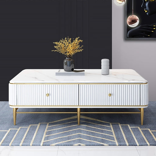 White Faux Marble Rectangle Coffee Table in Gold with 4 Storage Drawers