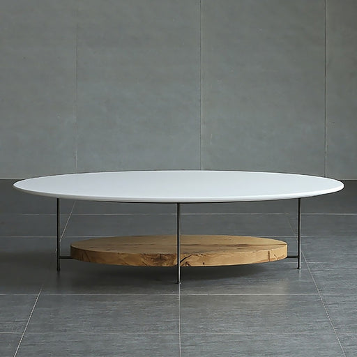 White & Natural Oval Coffee Table with Storage Shelf Modern White Table Top Water Proof & Scratch-Resistant