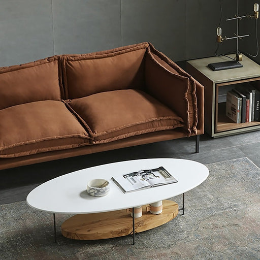 White & Natural Oval Coffee Table with Storage Shelf Modern White Table Top Water Proof & Scratch-Resistant