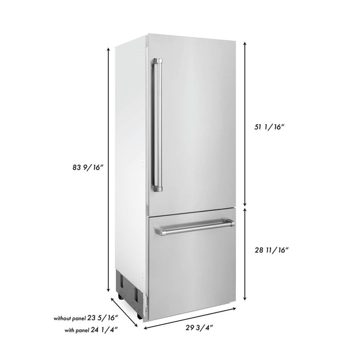 ZLINE 30" 16.1 cu. ft. Built-In 2-Door Bottom Freezer Refrigerator with Internal Water and Ice Dispenser in Stainless Steel (RBIV-304-30)