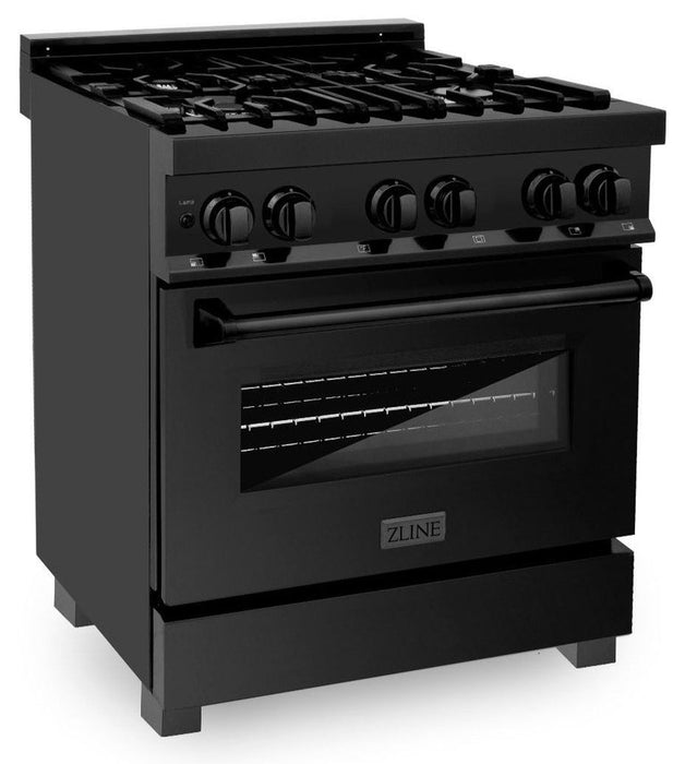 ZLINE 30 in. Dual Fuel Range in Black Stainless Steel & 30 in. Range Hood Package Package, 2KP-RABRH30