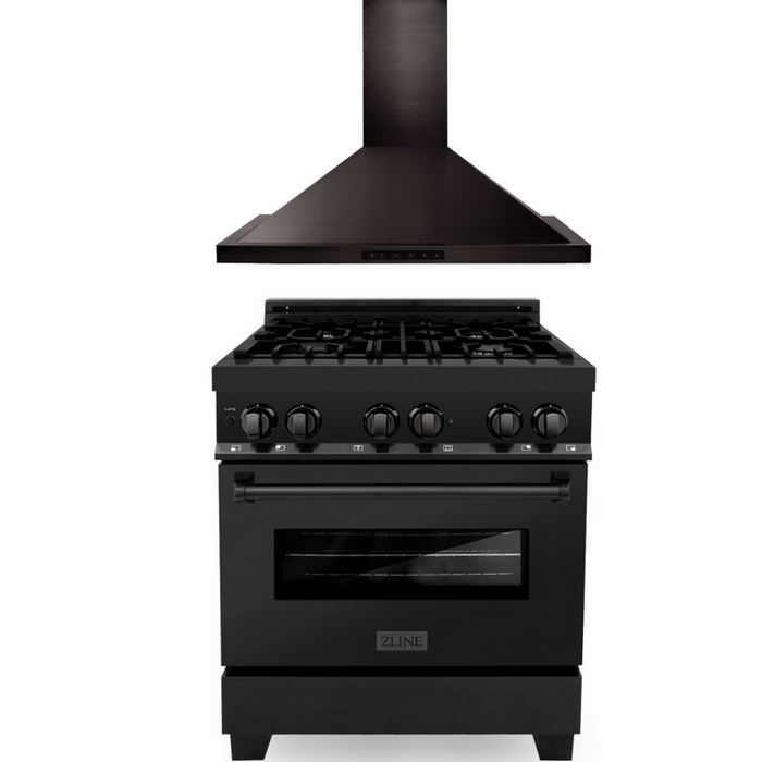 ZLINE 30 in. Dual Fuel Range in Black Stainless Steel & 30 in. Range Hood Package Package, 2KP-RABRH30