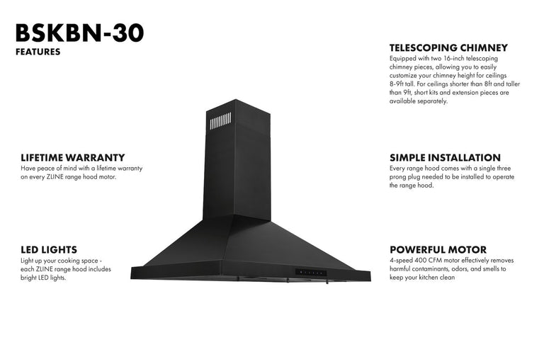 ZLINE 30 in. Dual Fuel Range in Black Stainless Steel & 30 in. Range Hood Package Package, 2KP-RABRH30